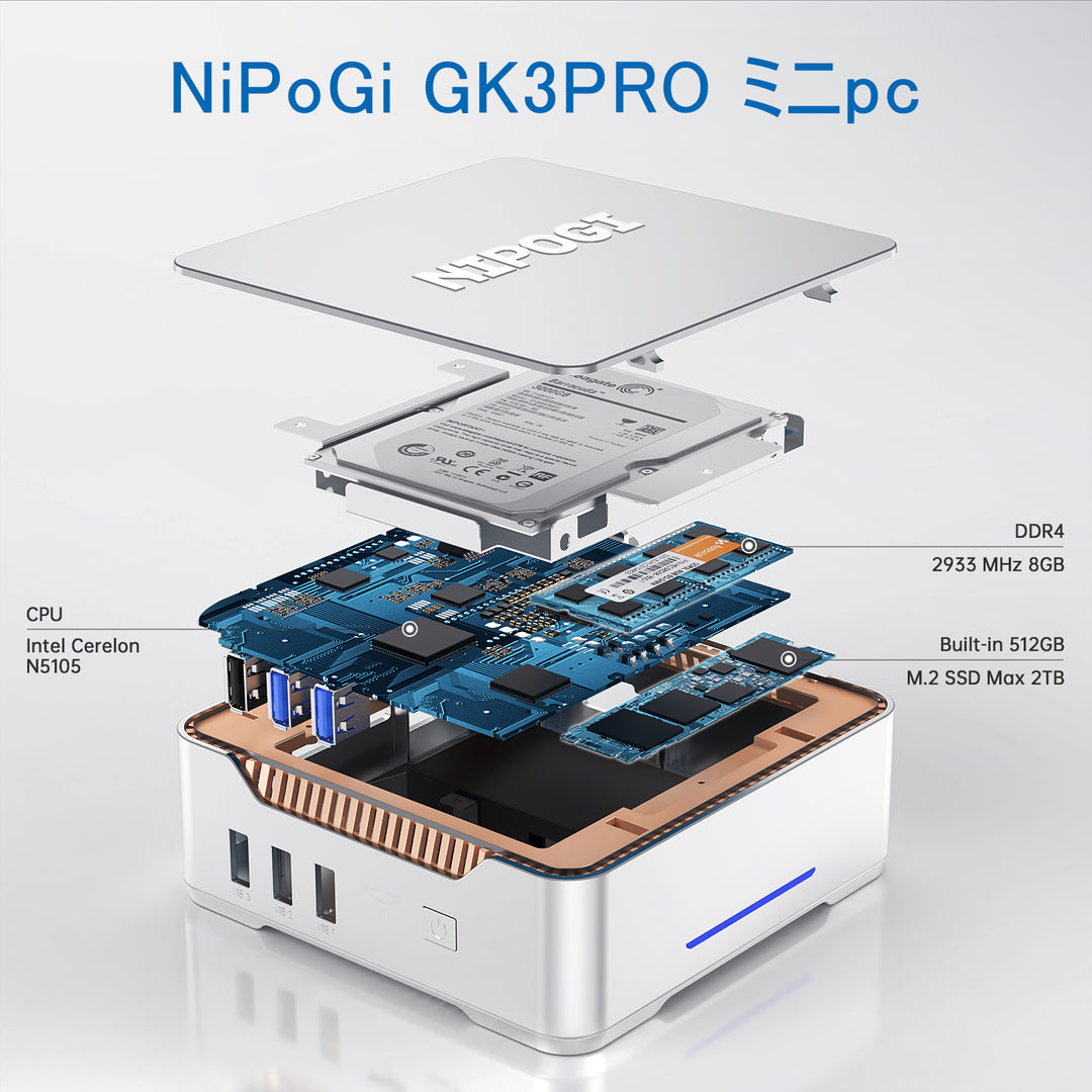 NiPoGiミニpc Windows11 Pro インテル 11世代 n5105 mini pc 8GB DDR4 256GB SSD  2.9GHz 4K 3画面同時出力 小型pc ROM 2TBまで拡張可能  高速WiFi 5 BT4.2 HDMI VGA USB 10W 省電力 初心者向け GK3Pro