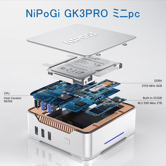 NiPoGiミニpc Windows11 Pro インテル 11世代 n5105 mini pc 8GB DDR4 256GB SSD  2.9GHz 4K 3画面同時出力 小型pc ROM 2TBまで拡張可能  高速WiFi 5 BT4.2 HDMI VGA USB 10W 省電力 初心者向け GK3Pro